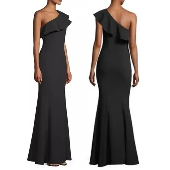 Likely Kane One Shoulder Ruffle Gown Black Formal Maxi Dress Size 2 Slit Elegant